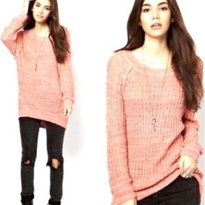 Free People Women's‎ Long Cable Knit Sweater, Salmon Pink size Small academia,